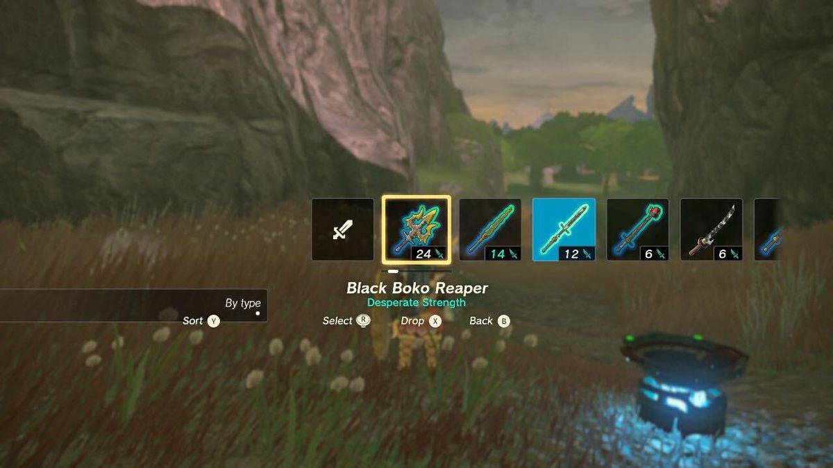 Une image d'un écran contextuel dans Zelda: Tears of the Kingdom qui vous permet de changer l'arme équipée.  Sous l'objet, il y a une option pour déposer l'arme sélectionnée.