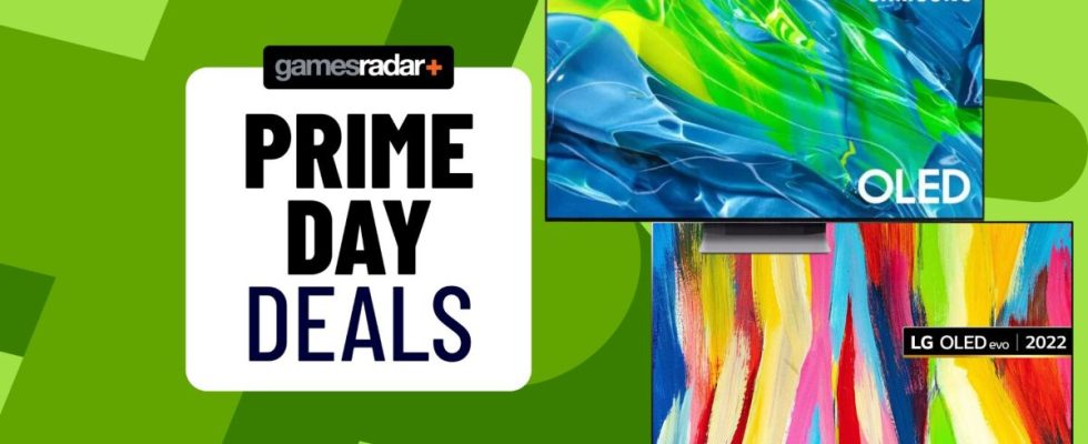 Prime Day TV deals 2023 hero image on green gamesradar background with Prime Day Deals stamp on the left and an LG C2 and Samsung SN5B featuring on the left