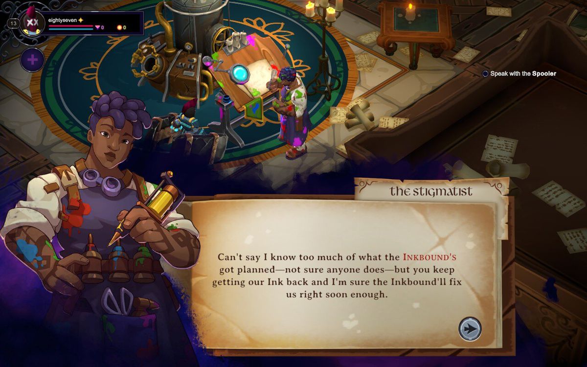 Le joueur interagit avec le PNJ Stigmatiste dans une scène de dialogue dans Inkbound