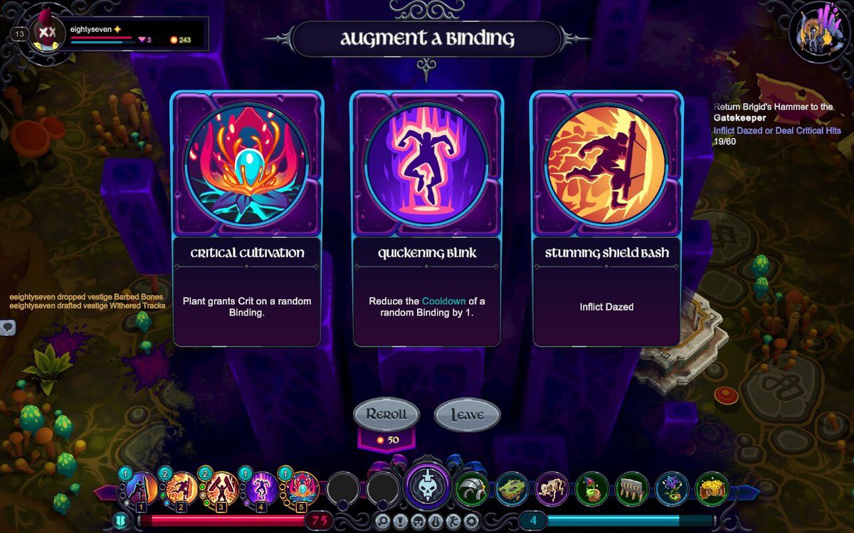 Le joueur choisit entre trois modificateurs, représentés par des capacités de carte, lors d'une course dans Inkbound
