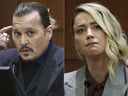 Cette combinaison de photos montre l'acteur Johnny Depp témoignant devant le tribunal de circuit du comté de Fairfax à Fairfax, en Virginie, le 21 avril 2022, à gauche, et l'acteur Amber Heard témoignant dans la même salle d'audience le 26 mai 2022. 