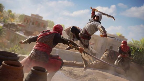 Assassins Creed Mirage : un homme en turban brandissant un sabre saute sur son ennemi
