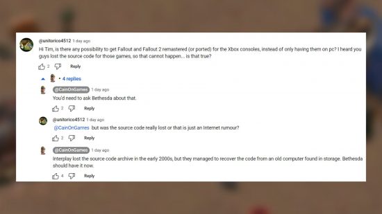 Le code source perdu depuis longtemps de Fallout a été retrouvé : une capture d'écran du commentaire de Cain sur YouTube