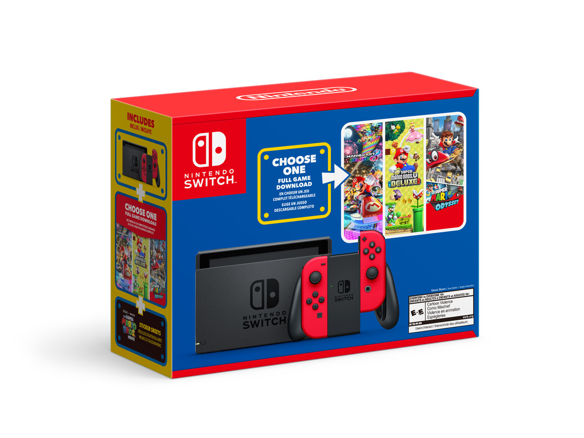 Image promotionnelle du Nintendo Switch Mario Choose One Bundle montrant sa boîte rouge et bleue, qui a une image de la Nintendo Switch sur le devant