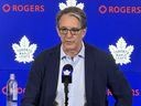 Le président des Maple Leafs, Brendan Shanahan, annonce officiellement que le directeur général Kyle Dubas ne sera pas de retour avec l'organisation, à Toronto, le vendredi 19 mai 2023.