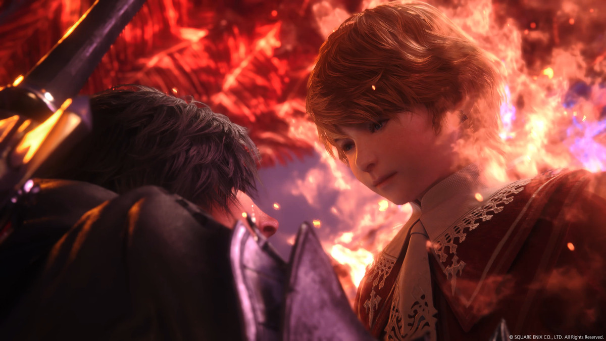 Clive Rosfield et son frère cadet, l'angélique Joshua, en gros plan alors qu'ils sont entourés de flammes dans Final Fantasy 16