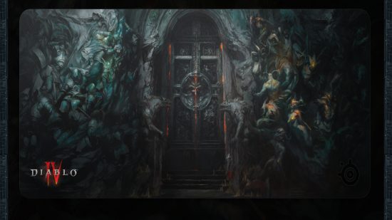 Tapis de souris montrant une scène de Diablo 4 avec des personnages infernaux et une grande porte démoniaque