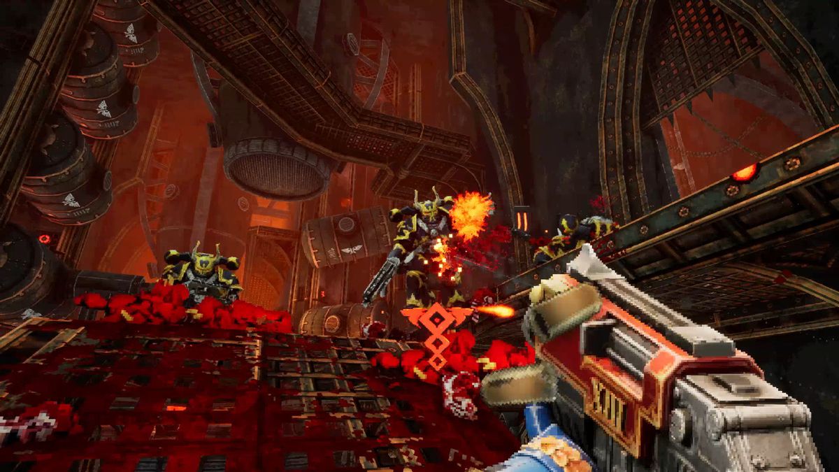 Le protagoniste du bolter Warhammer 40K s'engage dans une fusillade avec les Space Marines du Chaos.