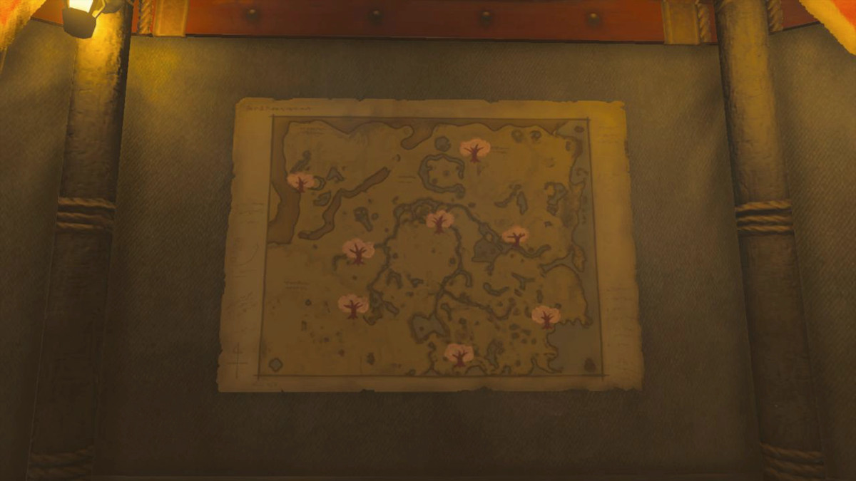Une image d'une carte à l'intérieur du jeu The Legend of Zelda : Tears of the Kingdom.  Il est accroché au mur d'une écurie et indique l'emplacement des cerisiers en fleurs à travers Hyrule.