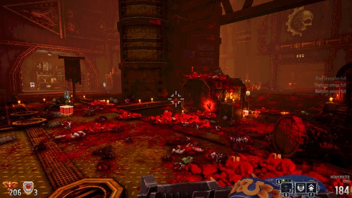 Une capture d'écran de Warhammer 40,000: Boltgun, montrant des dizaines de cadavres mutilés au lendemain d'une bataille.