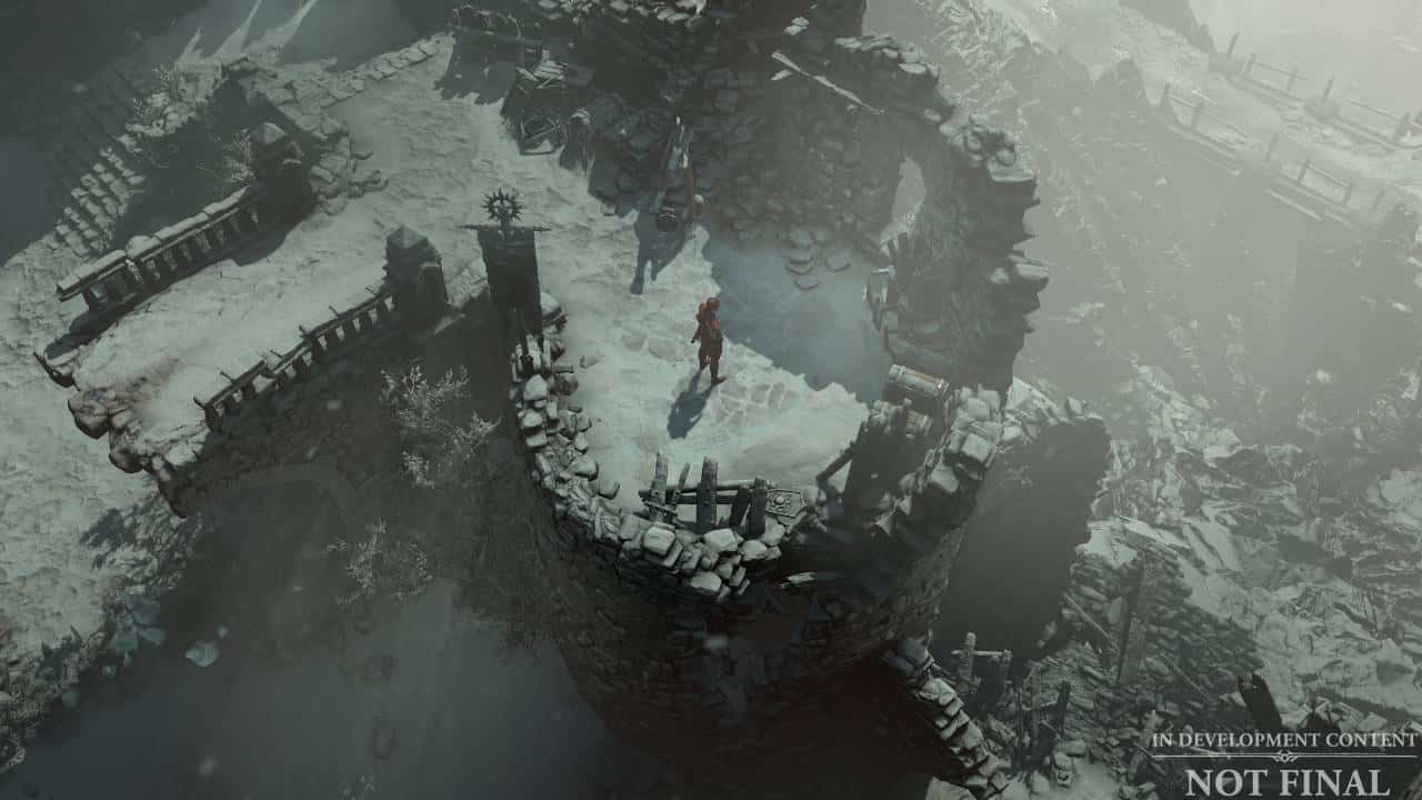 Interview Diablo 4 Seasons : Le joueur se tenait au sommet d'un château enneigé.