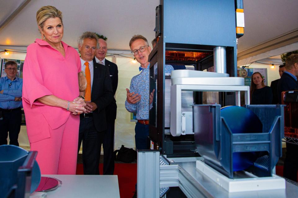 La reine Maxima des Pays-Bas dans une robe rose Tory Burch à imprimé géométrique - Getty