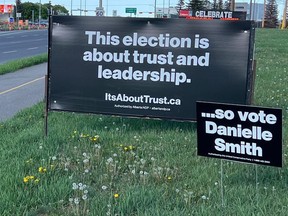 Panneaux affichés pour l'élection provinciale de l'Alberta.