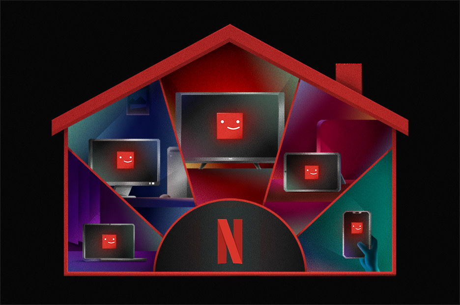 Une illustration d'un ménage avec 5 appareils utilisant Netflix, avec le logo rouge Netflix N