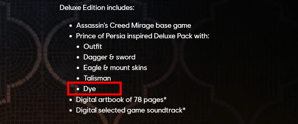 Assassin's Creed Mirage ramène une fonctionnalité qui nous manquait depuis des années : une capture d'écran de l'édition Deluxe d'Assassin's Creed Mirage met en évidence l'inclusion de teinture
