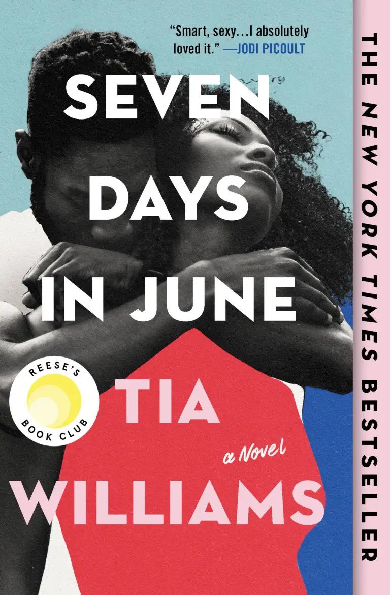 Couverture de Seven Days in June de Tia Williams, qui montre un couple noir s'embrassant sur la couverture, avec des blocs de couleur rouge, bleu foncé et bleu clair autour d'eux.