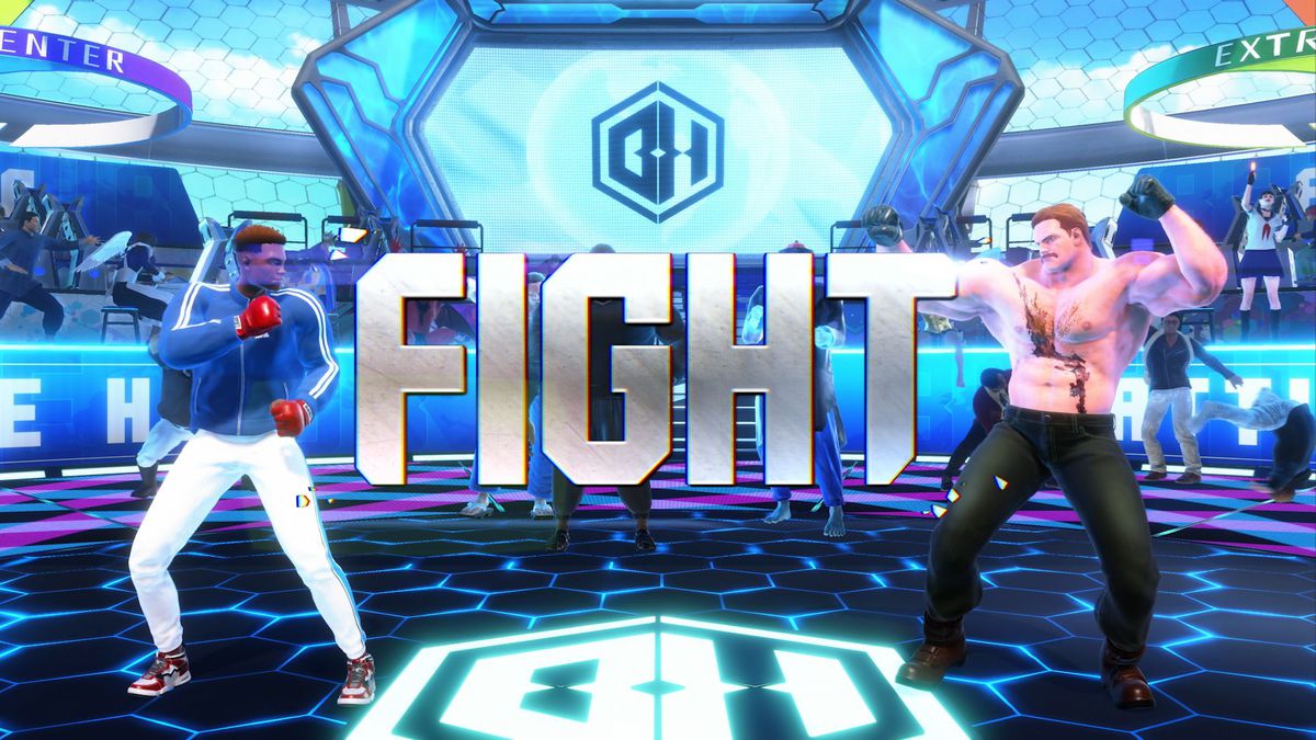 Deux avatars créés par des joueurs - dont l'un ressemble à Mike Haggar de Final Fight - préparez-vous à combattre dans une capture d'écran du mode Battle Hub de Street Fighter 6