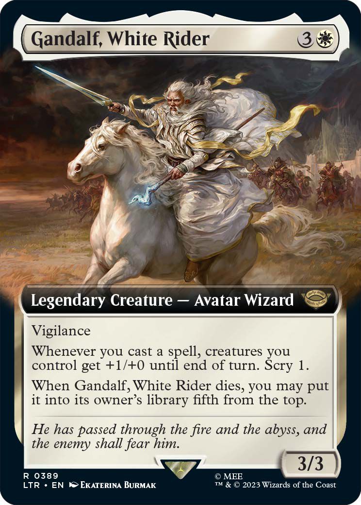 Gandalf, cavalier blanc est une créature légendaire, un sorcier avatar, au 3/3 avec vigilance.  Il a également des pouvoirs supplémentaires, y compris le regard.