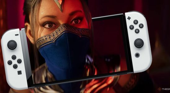 A screenshot of Kitana in Mortal Kombat 1, with a Nintendo Switch on top
