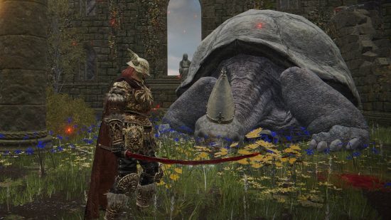 Elden Ring sorts - le joueur se tient à côté d'une tortue géante avec un chapeau d'évêque dans une église abandonnée.