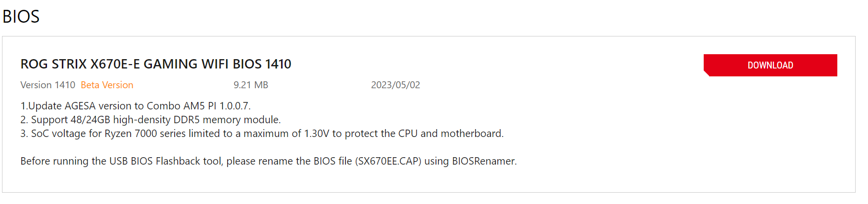 Page du BIOS Asus pour la carte mère X670E