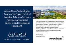 Aduro Clean Technologies annonce l'engagement du fournisseur de services de relations avec les investisseurs, Arrowhead Business and Investment Decisions