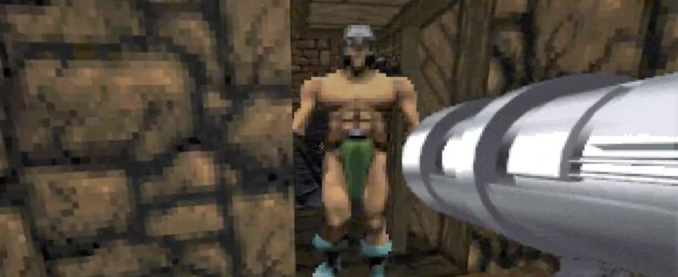 aiming a rocket launcher at a Daggerfall enemy in a dungeon room