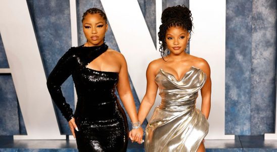 Halle Bailey and Chloe Bailey hold hands on the red carpet.