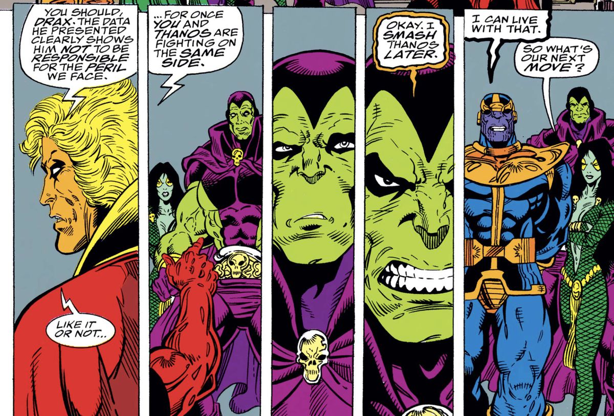 Adam Warlock, Gamora, Drax et Thanos discutent de la façon dont ils doivent travailler ensemble, et Drax écrasera Thanos plus tard dans Infinity War #2 (1992).