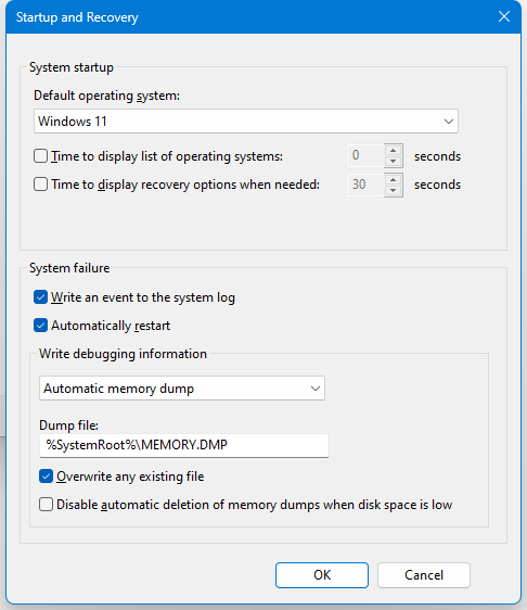 Options de démarrage et de récupération de Windows 11 dans le panneau de configuration