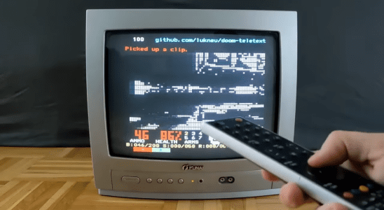 Doom running on a CRT television via the teletext information service.