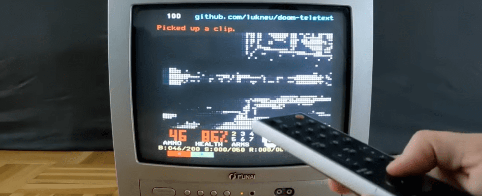 Doom running on a CRT television via the teletext information service.