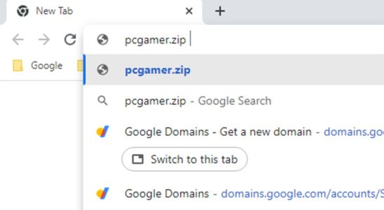 Google Chrome browser bar with pcgamer.zip address typed in it