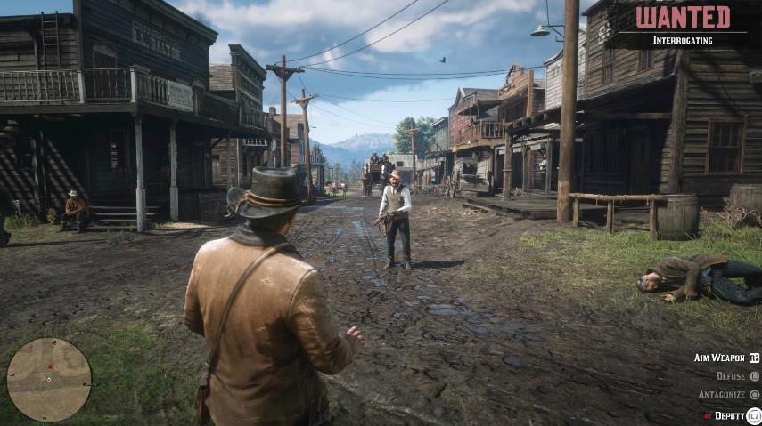 Deux cow-boys ayant une fusillade au milieu d'une ville du Far West dans Red Dead Redemption 2.