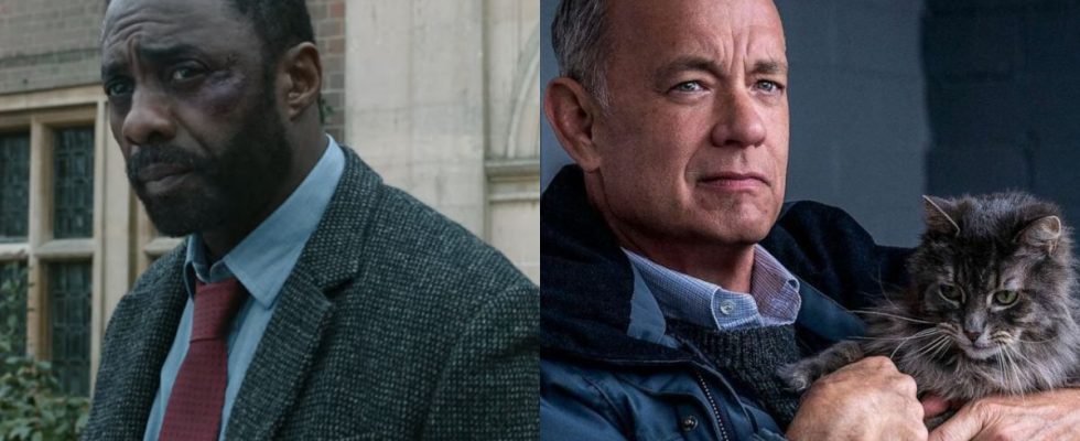 Idris Elba in Luther: The Fallen Sun and Tom Hanks in A Man Called Otto, pictured side by side.