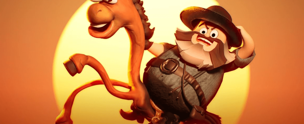 Animated Jack Black dressed as a cowboy and riding a horse from the music video
