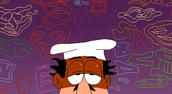 peppino of pizza tower poking up from bottom of frame looking haggard with purple background featuring psychedelic line art of the game