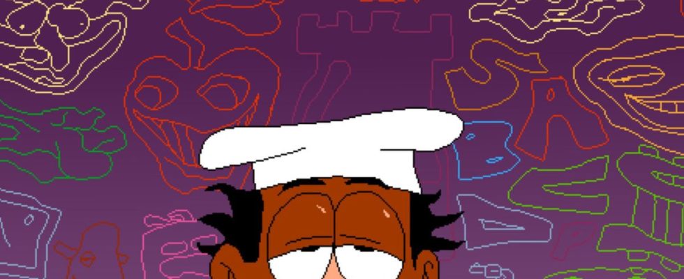 peppino of pizza tower poking up from bottom of frame looking haggard with purple background featuring psychedelic line art of the game