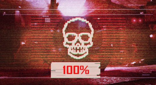 A pixel skull above a progress bar at 100%