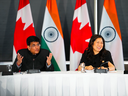 La ministre du Commerce international, de la Promotion des exportations, de la Petite Entreprise et du Développement économique, Mary Ng, accueille le ministre indien du Commerce et de l'Industrie, de la Consommation et de l'Alimentation, et de la Distribution publique et des Textiles, Piyush Goyal, à Ottawa le 8 mai.