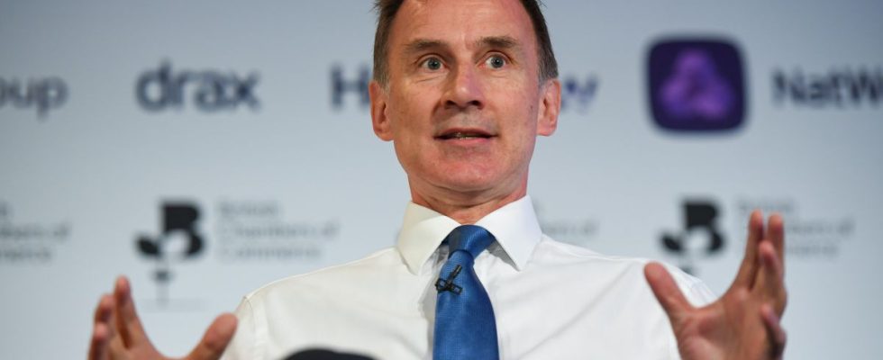 Jeremy Hunt, UK chancellor of the exchequer, speaks at the British Chambers of Commerce (BCC) Global Annual Conference 2023 in London, UK, on Wednesday, May 17, 2023. Bank of England Governor Andrew Bailey will deliver a keynote speech at the conference.