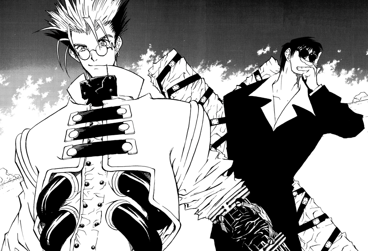(LR) Vash the Stampede et Nicolas D. Wolfwood tels que représentés dans le manga Trigun Maximum de Yasuhiro Nightow en 1998.