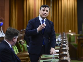 Le député conservateur Michael D. Chong se lève pendant la période des questions à la Chambre des communes sur la Colline du Parlement à Ottawa le vendredi 26 mars 2021.