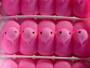Dans cette illustration photo, les célèbres Peeps de bonbons de Pâques, fabriqués par Just Born Quality Confections, sont exposés le 6 avril 2023 à Miami, en Floride.