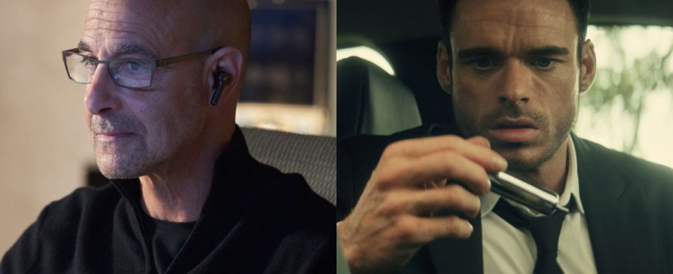 Stanley Tucci and Richard Madden pictured side by side, from Citadel.