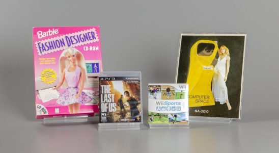Inductees for the 2023 class of the World Video Game Hall of Fame. Pictured are the boxes or cases for Barbie Fashion Designer, The Last of Us, Wii Sports, and Computer Space