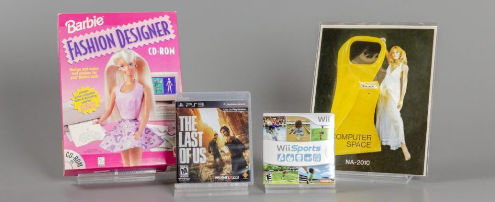 Inductees for the 2023 class of the World Video Game Hall of Fame. Pictured are the boxes or cases for Barbie Fashion Designer, The Last of Us, Wii Sports, and Computer Space
