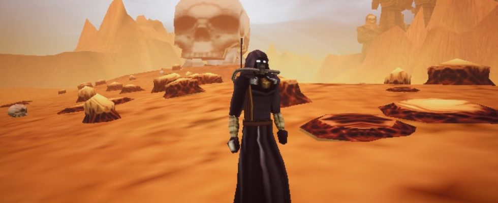 standing in desert in front of skull in desert