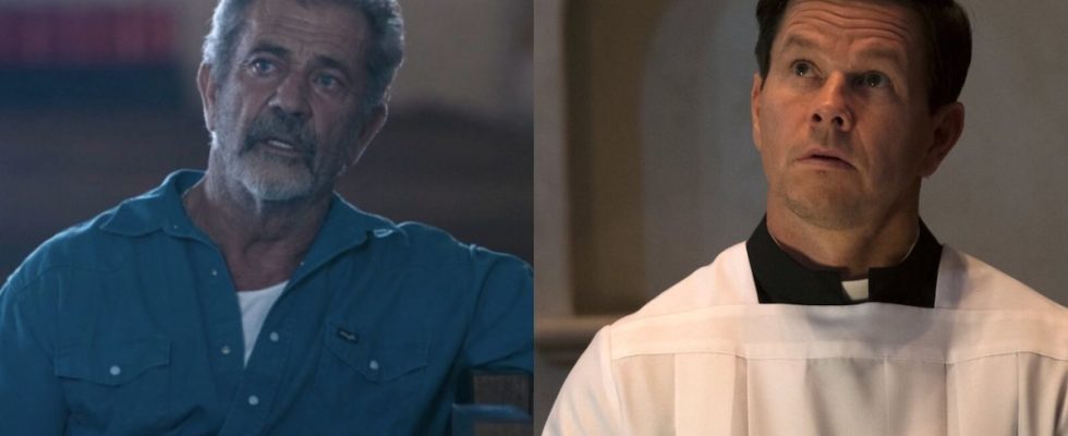 Side-by-side pictures of Mel GIbson and Mark Wahlberg in Father Stu