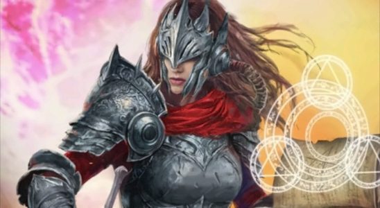 Dread Delusion Key art of armored woman gazing to left with magic glyphs to her right